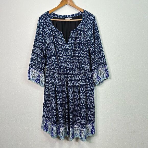 EShakti Blue Black Floral 3/4 Sleeve Tiered Midi Dress Women’s Plus 2X - Picture 1 of 13